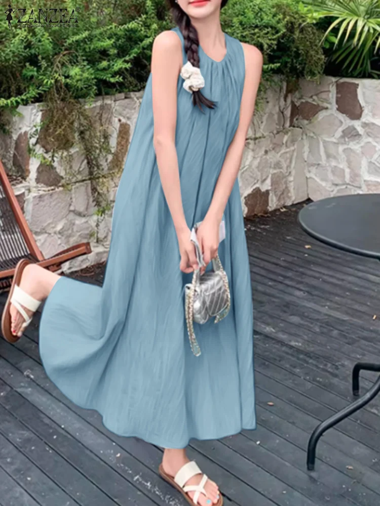 

ZANZEA Summer Fashion Women Maxi Dresses Vacation Casual Gathered O-Neck Sleeveless A-Line Vestidos Crinkled Texture Vestidos