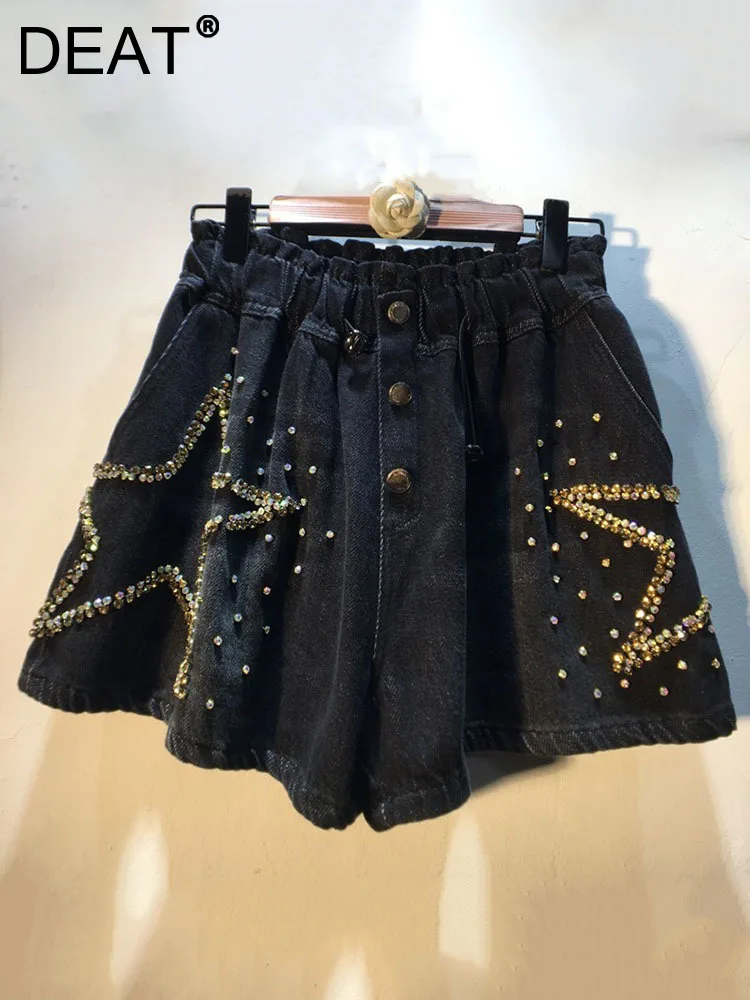 

DEAT Women Denim Shorts Stars Crystal Diamonds High Waist Loose Drawstring Wide Leg Short Jeans 2024 Summer New Fashion 29L37