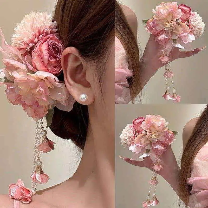 New Tassel Hanfu Hair Accessories Ancient Style Pink Chinese Style Hair Clip Headdress Headpieces Flower Hairpin