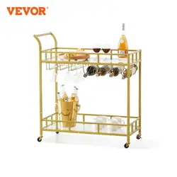 VEVOR Metal Bar Serving Cart Golden Steel Rolling Trolley On Lockable Wheels Mobile Utility with Wine Rack Tempered Glass Holder