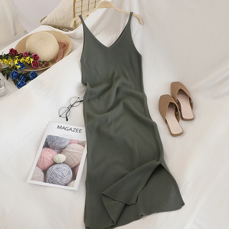 2023 Auutmn Knitted Vestidos Solid V Neck Vintage Chic Autumn Winter Women Dresses Stretch Slim Sexy Long Dress