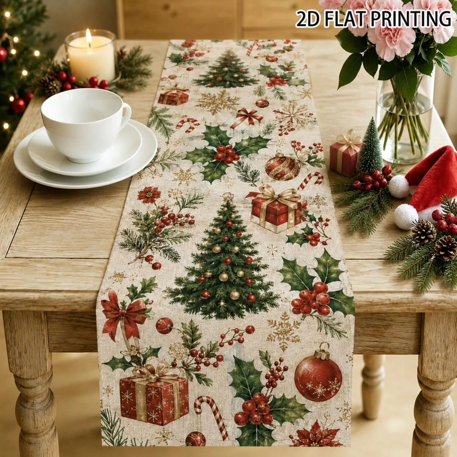 Christmas Table Runner Xmas Tree Gift Holly Berry Print Multi Sizes Tablecloth Dining Table Kitchen Living Room Holiday Home Dec