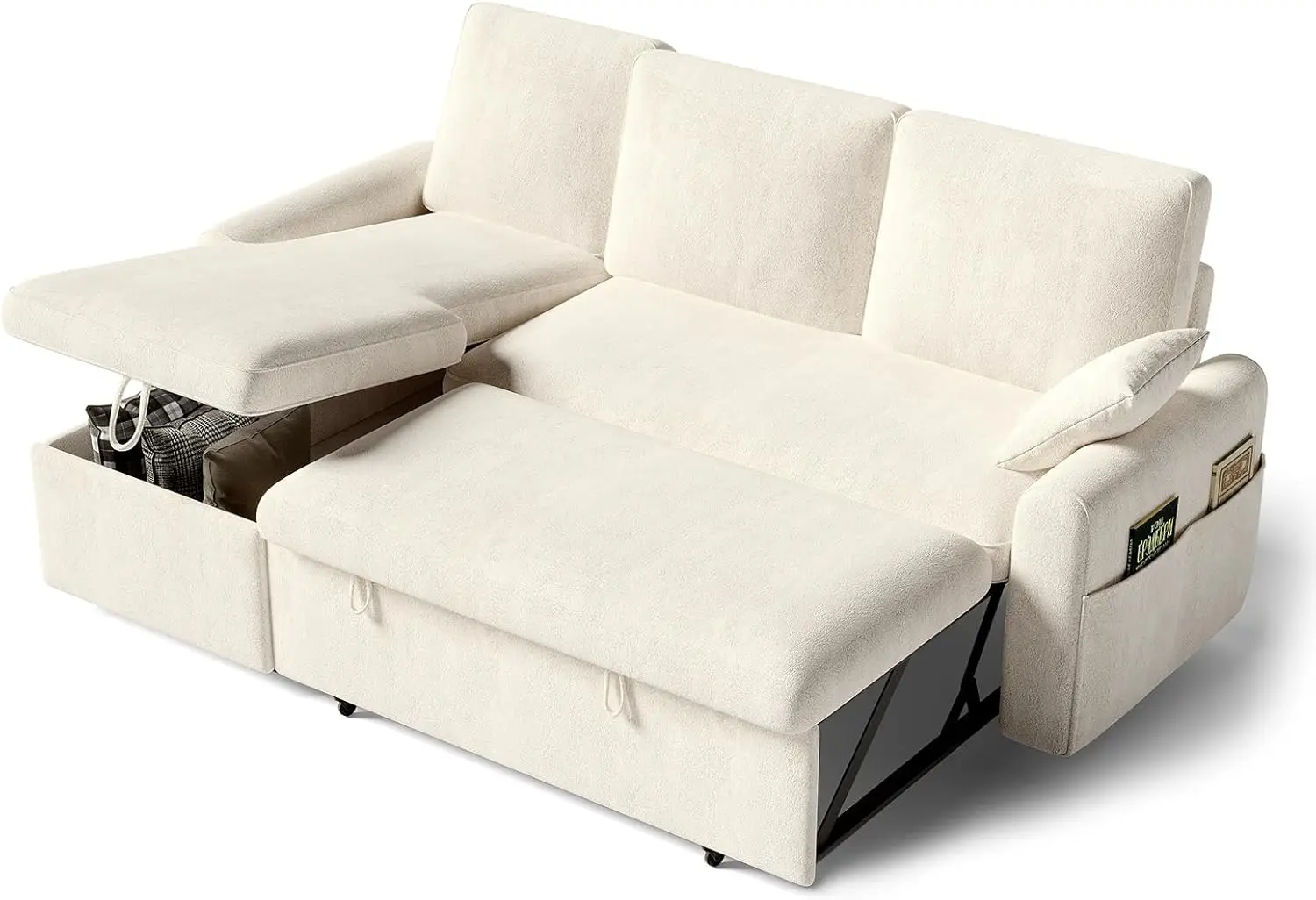 Sleeper Sofa, Pull Out Couch Bed with Storage Chaise, Sectional Sleeper Couch with Pull Out Bed & 2 Pillows, White L Shaped