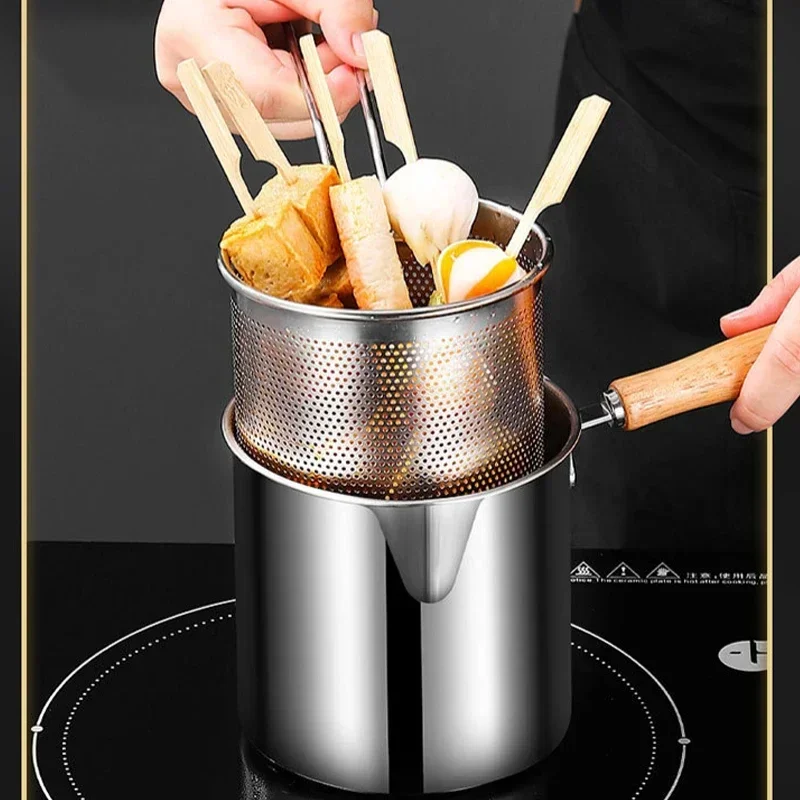 Small Deep Fryer Pot with Basket Mini Fryer and Soup Pot with Tongs and Lid Works on Gas or Induction Burner Dishwasher Safe