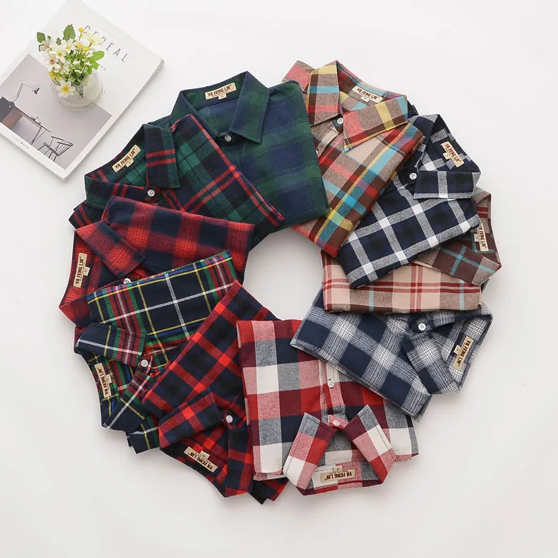 Fine Cotton Casual Women\'s Plaid Shirt 2024 Autumn New Ladies Loose Quality Blouse and Tops Female Long Sleeve Checkered Clothes