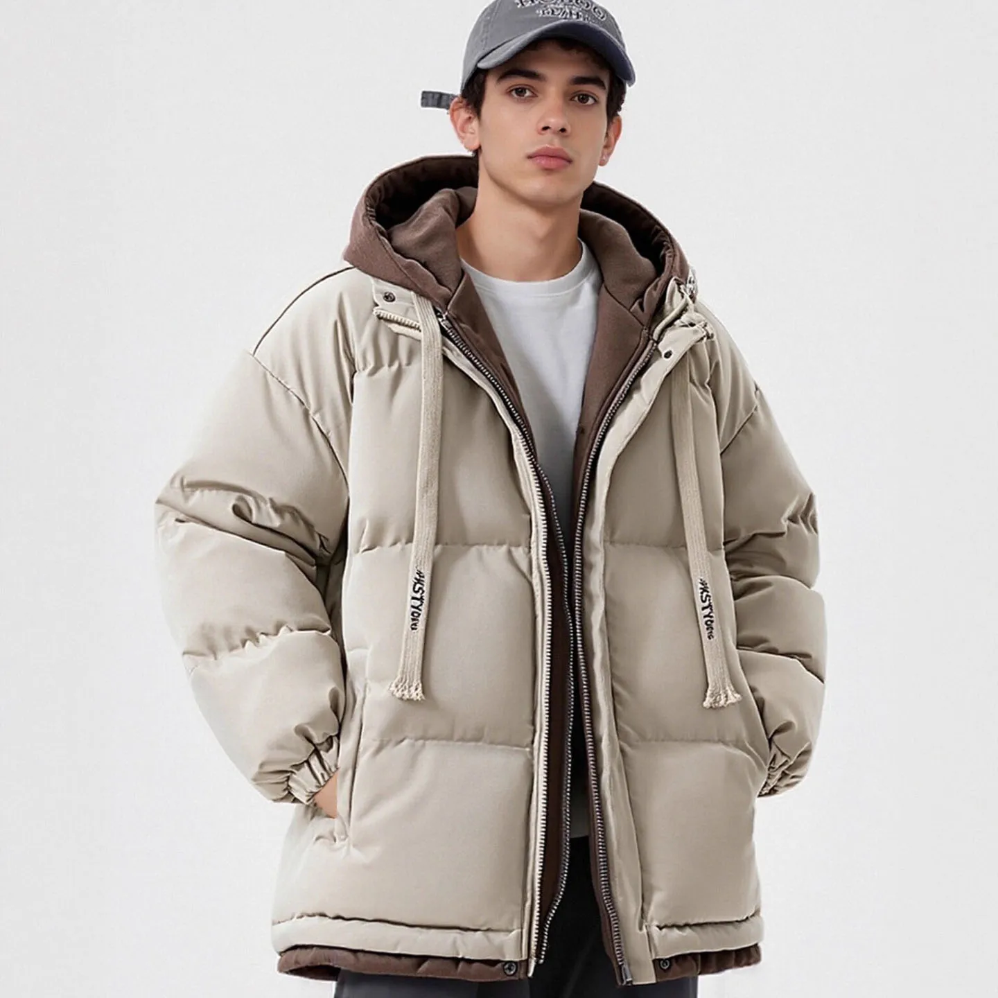 

Winter Fake 2 Pcs Cotton Jacket For Men Contrasting Color Thicken Hooded Coat Korean Casual Fashion Splicing Warm Jackets