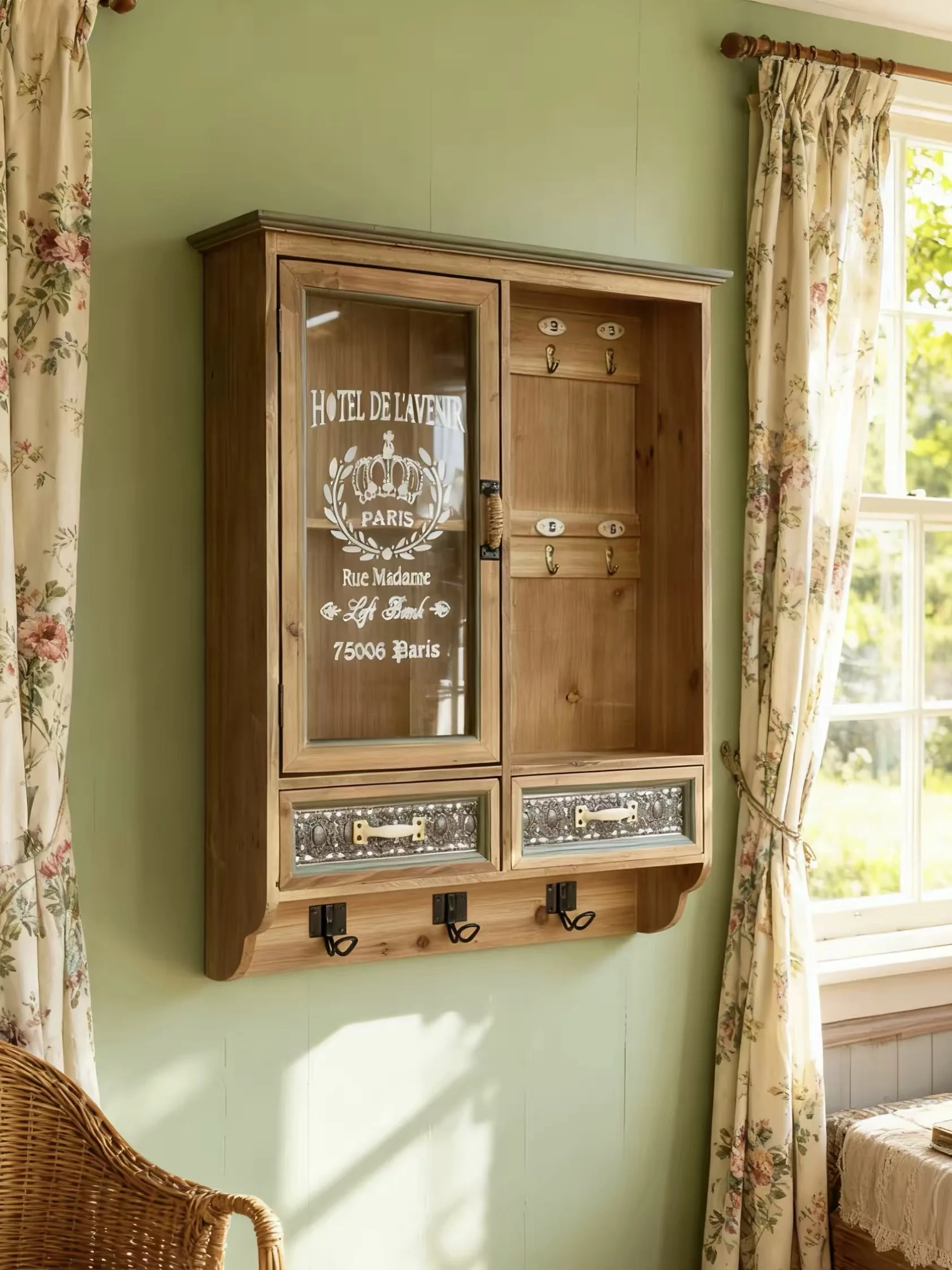 Rustic Wall Cabinet with Glass Door, Natural Wood and Sage Green, 6 Numbered Hooks, 2 Drawers, French Provincial Style, Hotel de