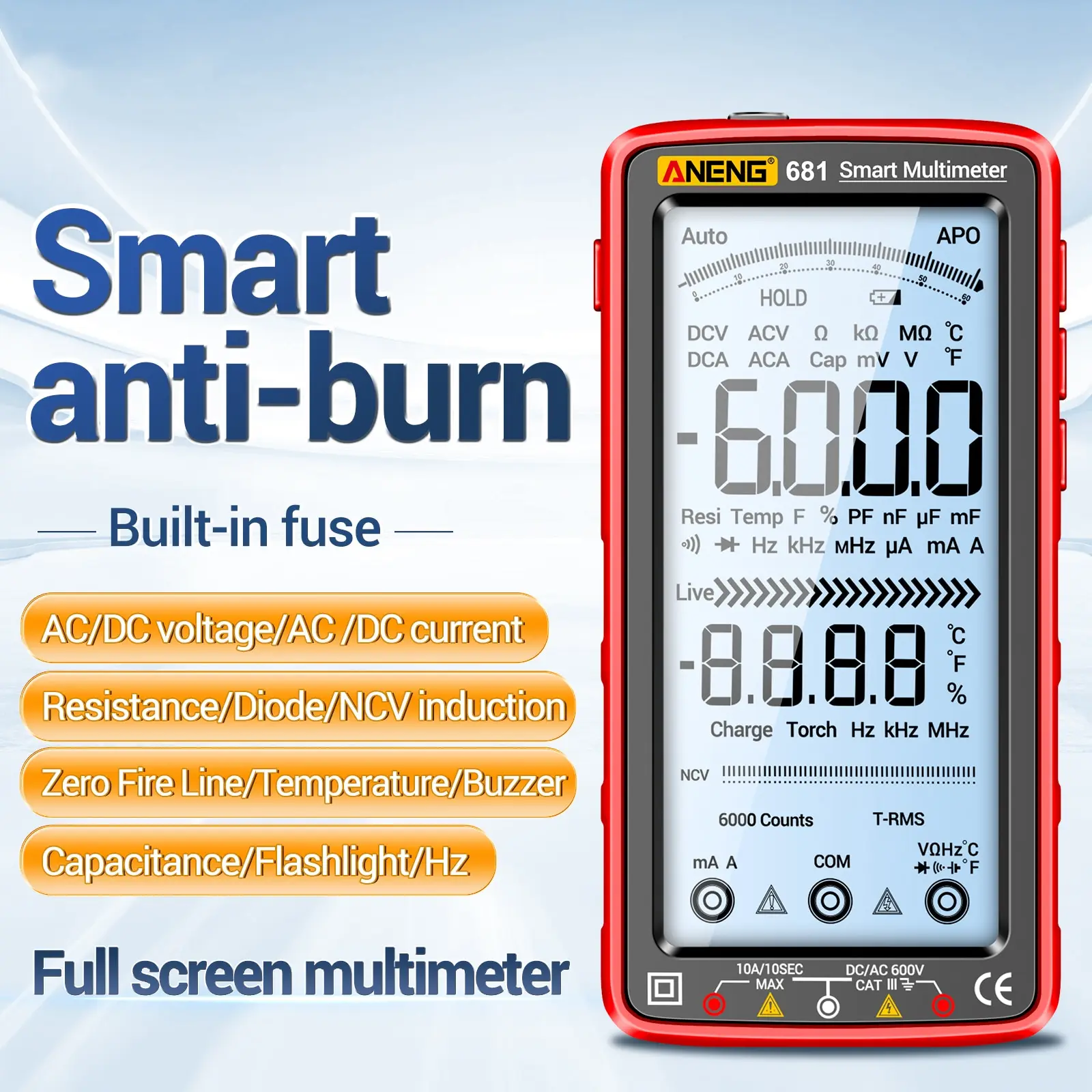 ANENG 681/682/683 6000 Counts Digital Multimeter Smart Anti-burn Rechargeable Meter NCV Tester 5-inch LCD Backlit Flashlight