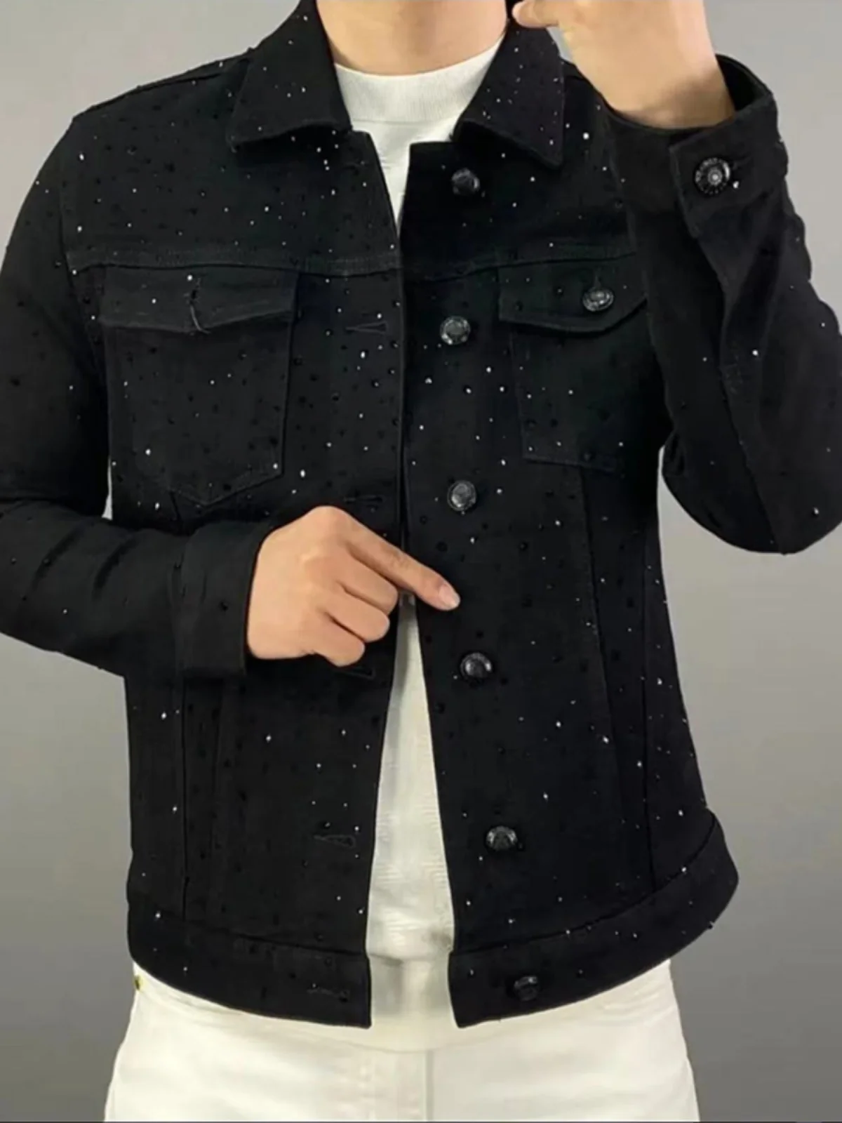 Diamond Black Denim Jacket Men's 2024 Spring Autumn New Chic Coat Lapel Trendy Male Top Slimming Long Sleeve Solid Color Jackets