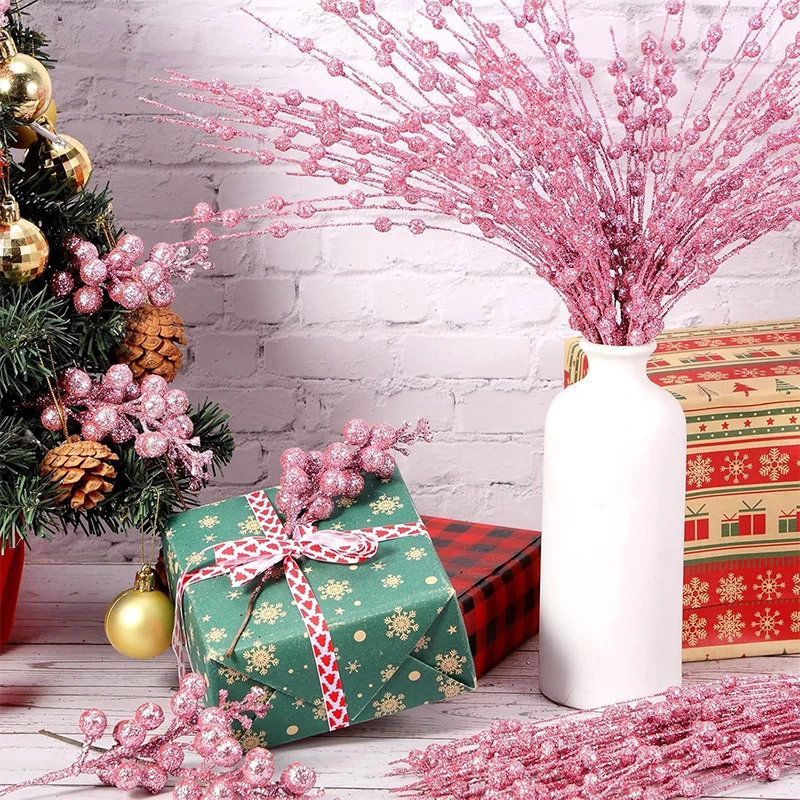 5 قطع من فروع التوت الاصطناعي اللامعة الوردية لتزيين شجرة عيد الميلاد وديكور المنزل وإكسسوارات ديكور السنة الجديدة #3