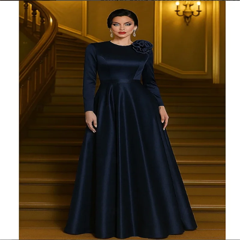 Abito da sera rosso a trapezio Abito formale elegante Matrimonio formale Lunghezza pavimento Manica lunga Girocollo Raso elasticizzato con fiori a spalla