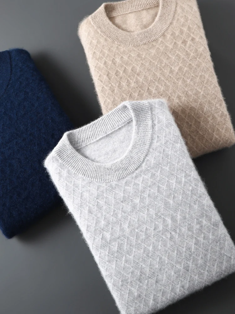 

Мужской свитер из 100% мериносовой шерсти с круглым вырезом, в клетку, базовый стиль, осенне-зимний, повседневный, модный, кашемировый, вязаный