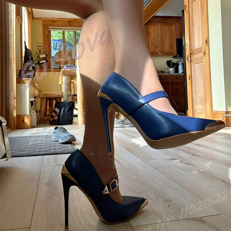Autumn Blue Metal Toe Shallow Pumps Women'S Pointed Stilettos Elegant High Heels Fashion Party Elegant Dress Big Size Pumps 46