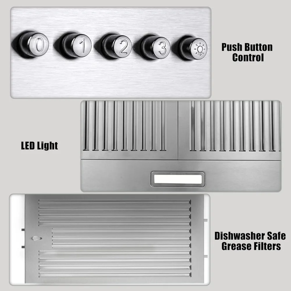 Kap mesin inci, penutup ventilasi pemasangan dinding dalam baja tahan karat dengan saluran konvertibel bersaluran/ducless, 3 kipas knalpot kecepatan