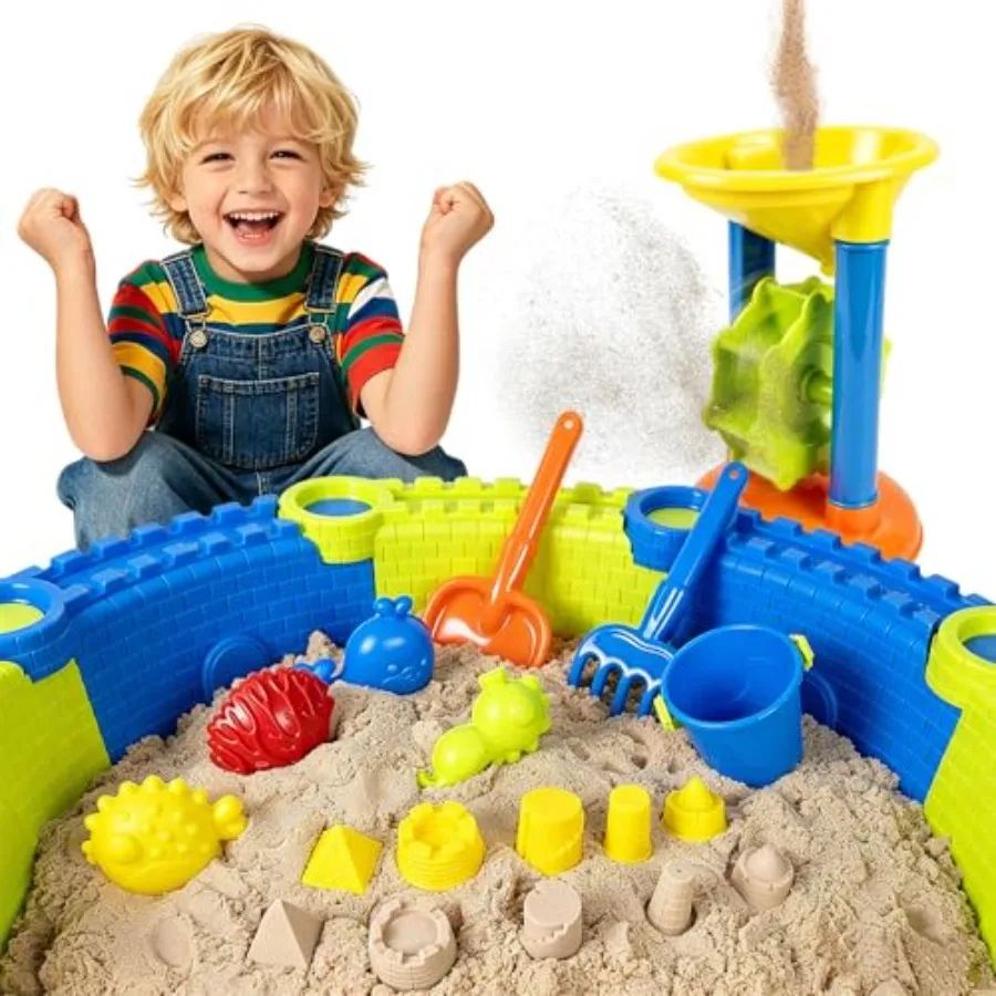 

Sandbox Toys Set for Toddlers: Plastic, Blue Yellow, Easy Assemble with Fence, Shovels, Molds Bucket, No Tools Needed Outdoor S
