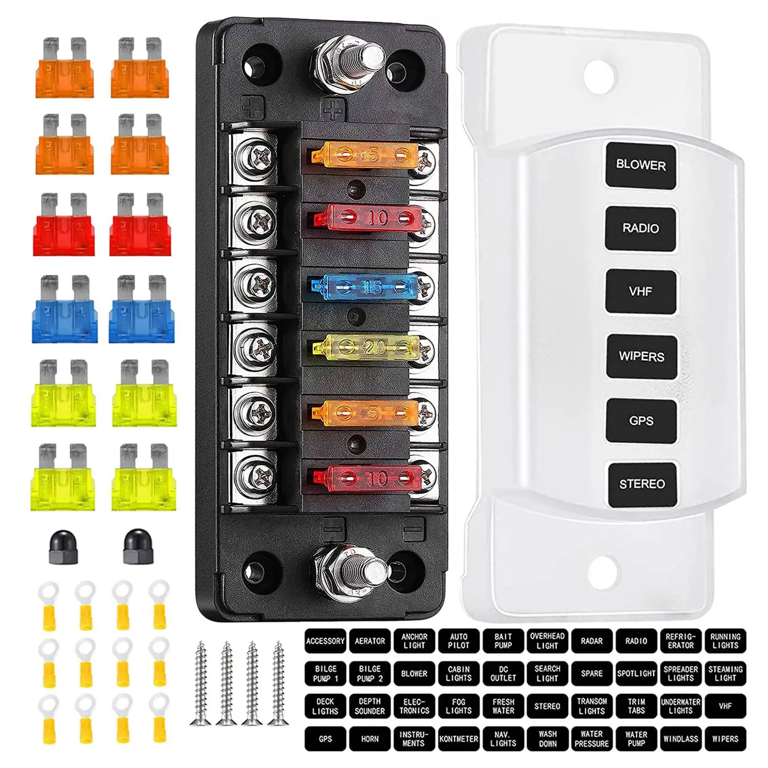 A10E-6 Way Fuse Block Blade Fuse Box With Negative Bus - ATC/ATO For Boat Yacht Vehicle Auto RV Car Trailer Truck SUV