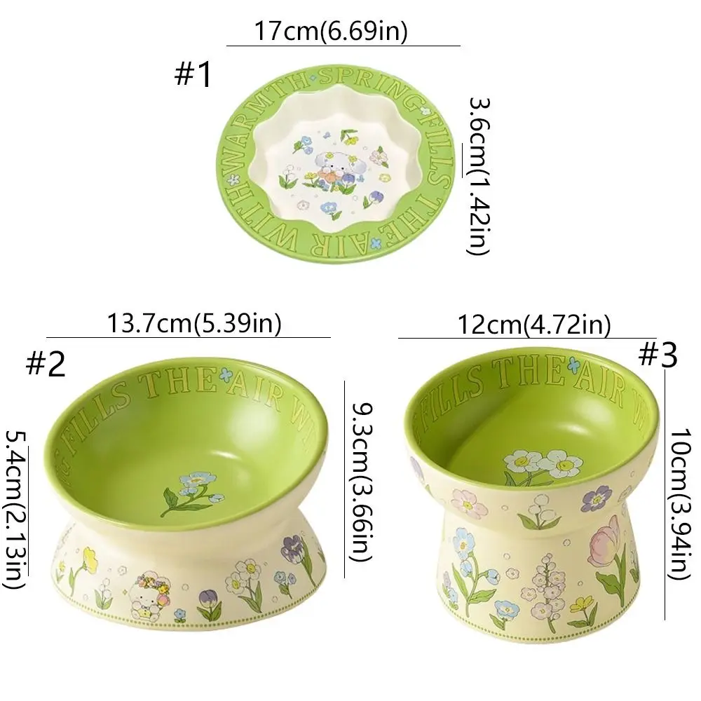 Green Ceramic Cat Bowl Rabbit Flower High Foot Diagonal Pet Feeding Bowl Non-Slip Cat Canned Food Bowl For Drinking Feeding view 6