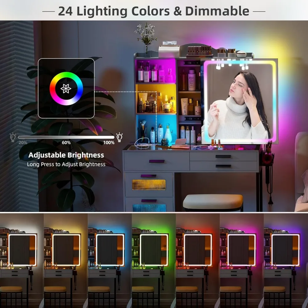 مكتب زينة RGB مع مرآة وأضواء منزلقة، زينة مكياج مع محطة شحن، طاولة زينة LED مع سطح زجاجي، فانيتي للفتيات