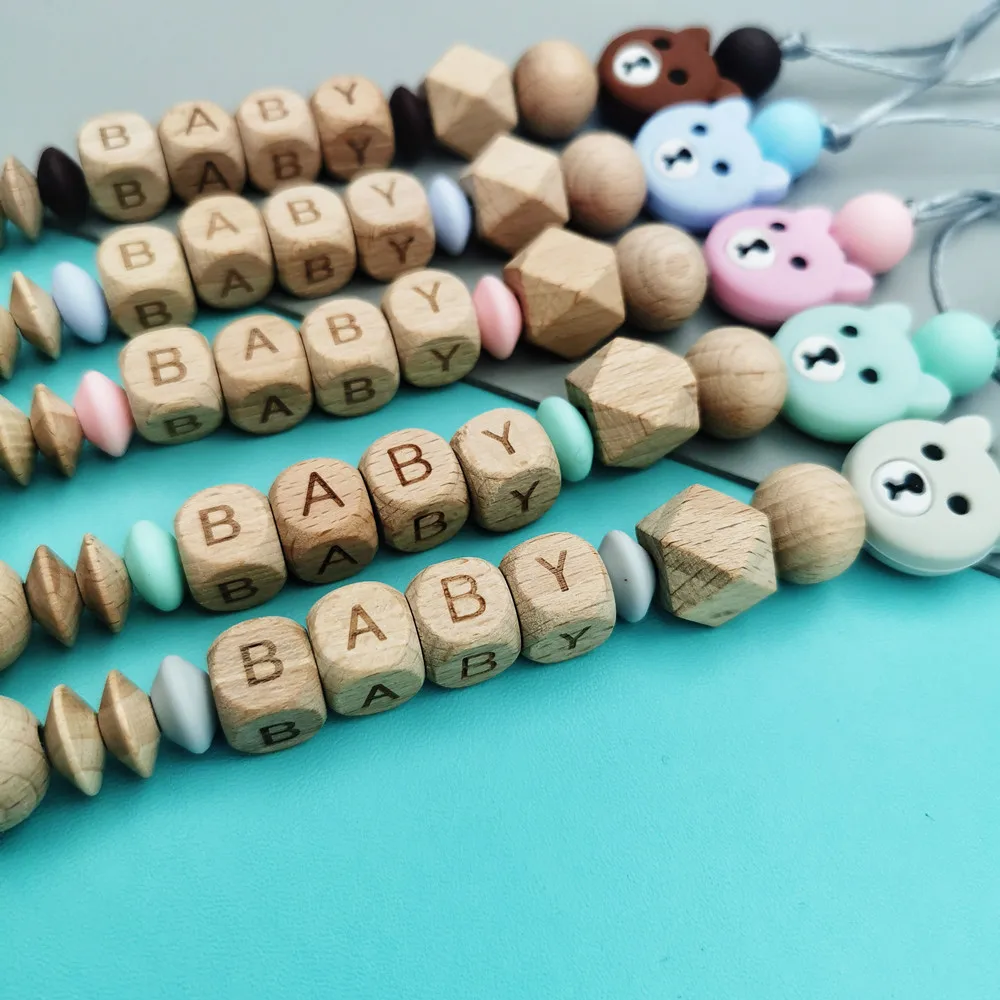 Customizable Beech English Letter Name Baby Bear Beech Clips Pacifier Chains Teether Pendants Toys Baby Pacifier Kawaii Teether