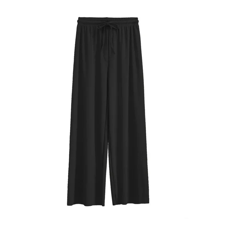 Pantalones largos de pierna ancha para mujer, pantalón informal de cintura elástica sólida, hasta el tobillo holgado, de seda de hielo, primavera y verano