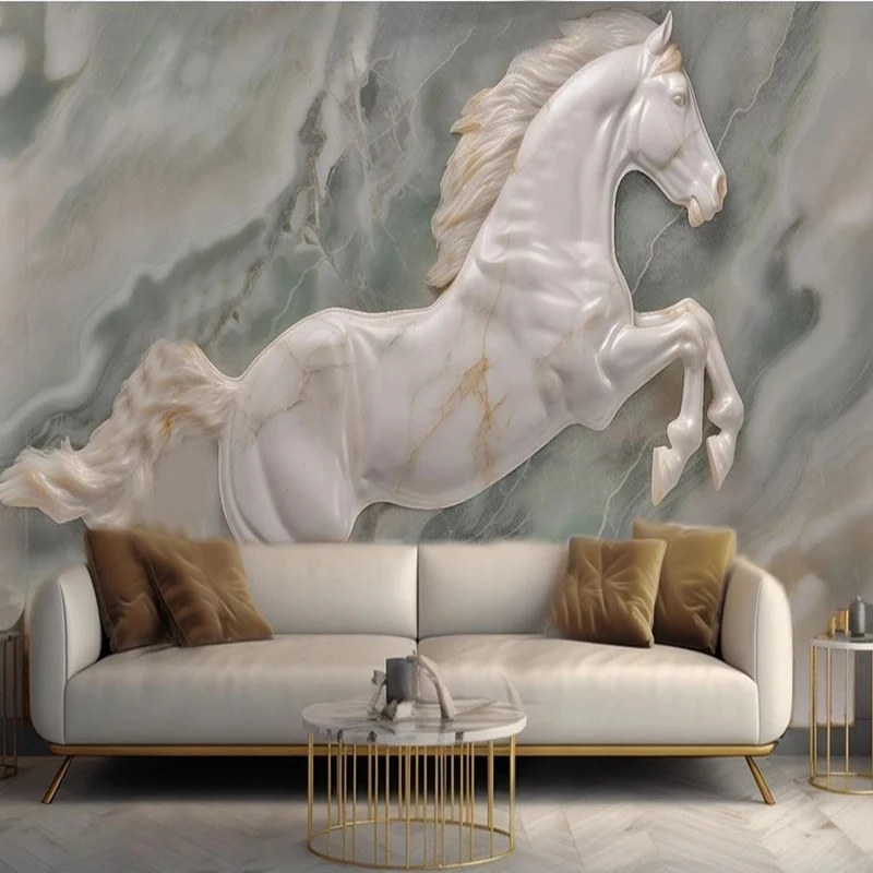 Modern Fashion Light Blue Marble Relief Horse Photo Wallpaper Mural Church Living Room TV Sofa Backdrop Wall Home Decor Fresco