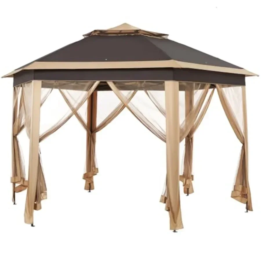 13x13 Pop up Gazebo Hexagonal Outdoor  Shelter  Patio Gazebo Sun Shade  Tent with Double Tiers Mesh Netting for Lawn Garden Bac