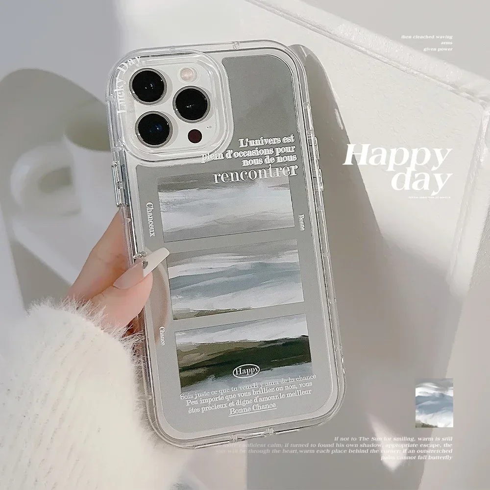 Mountain Stream clouds Oil Painting art Mirror Phone Case For iPhone 15 14 13 12 11 Pro Max Xr Case Cute luxury romantic Cover