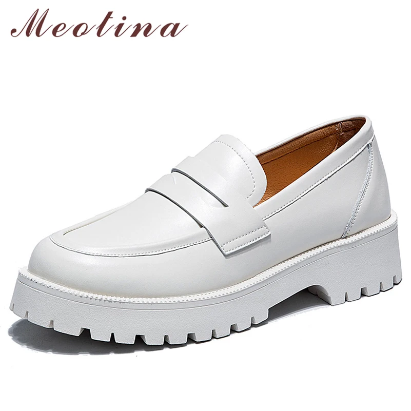 

Meotina Women Loafers Genuine Leather Platform Mid Heel Shoes Slip On Round Toe Ladies Casual Footwear Beige Spring Autumn 42