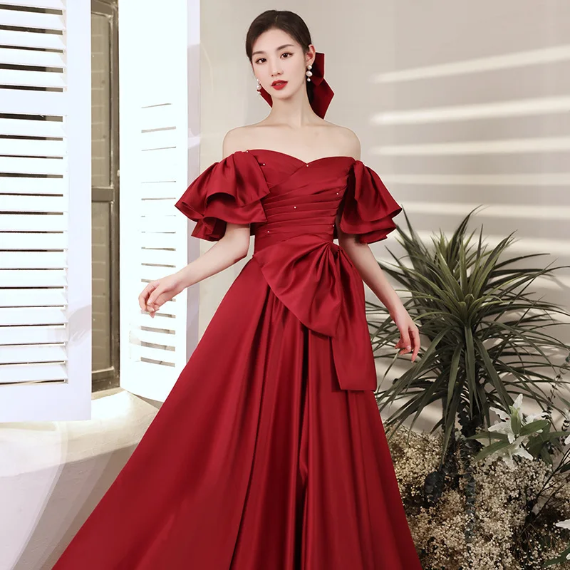 

Burgundy Off Shoulder Wedding Dresses Elegant Satin Big Bow Prom Dresses Flare Sleeve Evening Gown Formal Party Dress Vestidos