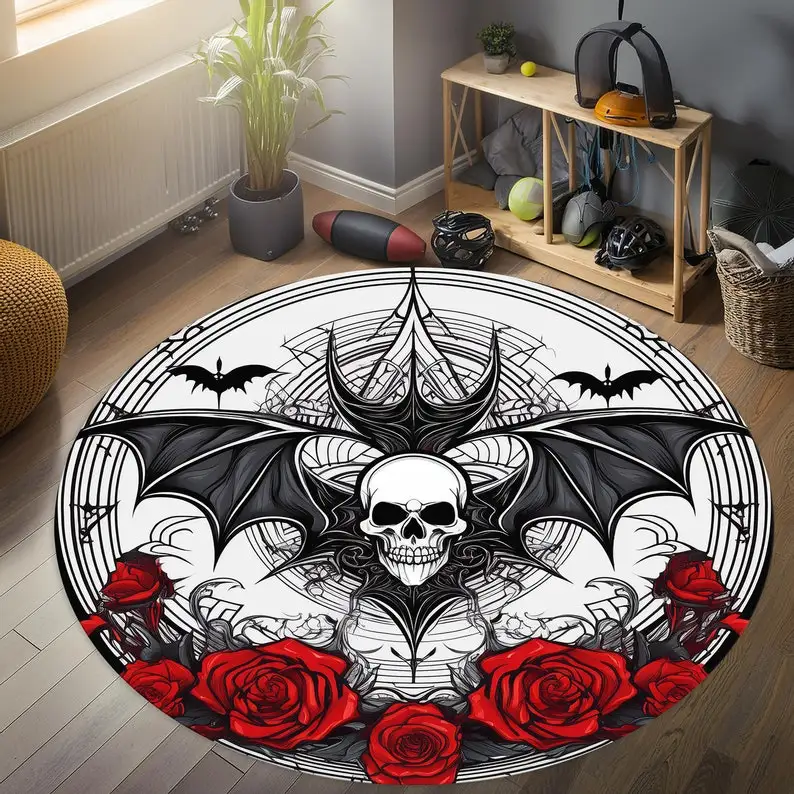 Halloween Bat Rug - Gothic Moon Round Mat, Witchy Dark Decor for Bedroom, Living Room, Dorm, Halloween Party