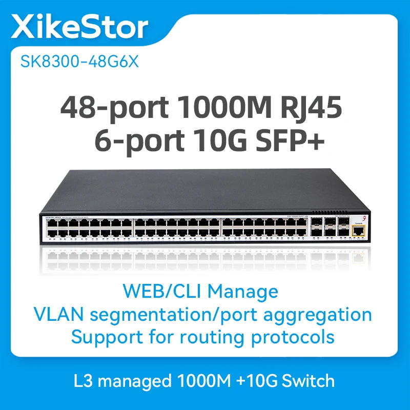 XikeStor L3 Managed 48-Ports 1000M RJ45 6 Ports 10G SFP+ WEB/CLI Manage Support VLAN Port Aggregation Routing  protocols