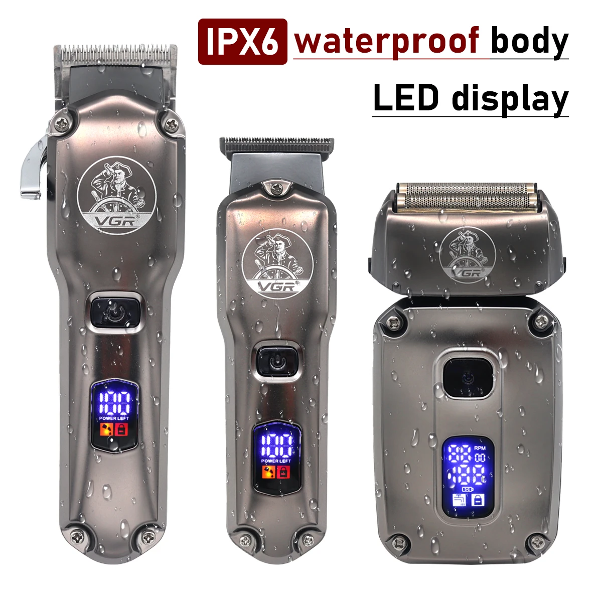 VGR V-675 S3 Профессиональная машинка для стрижки волос для мужчин 8000 об/мин IPX6 Водонепроницаемый ЖК-дисплей Малошумная машинка для стрижки волос Триммер