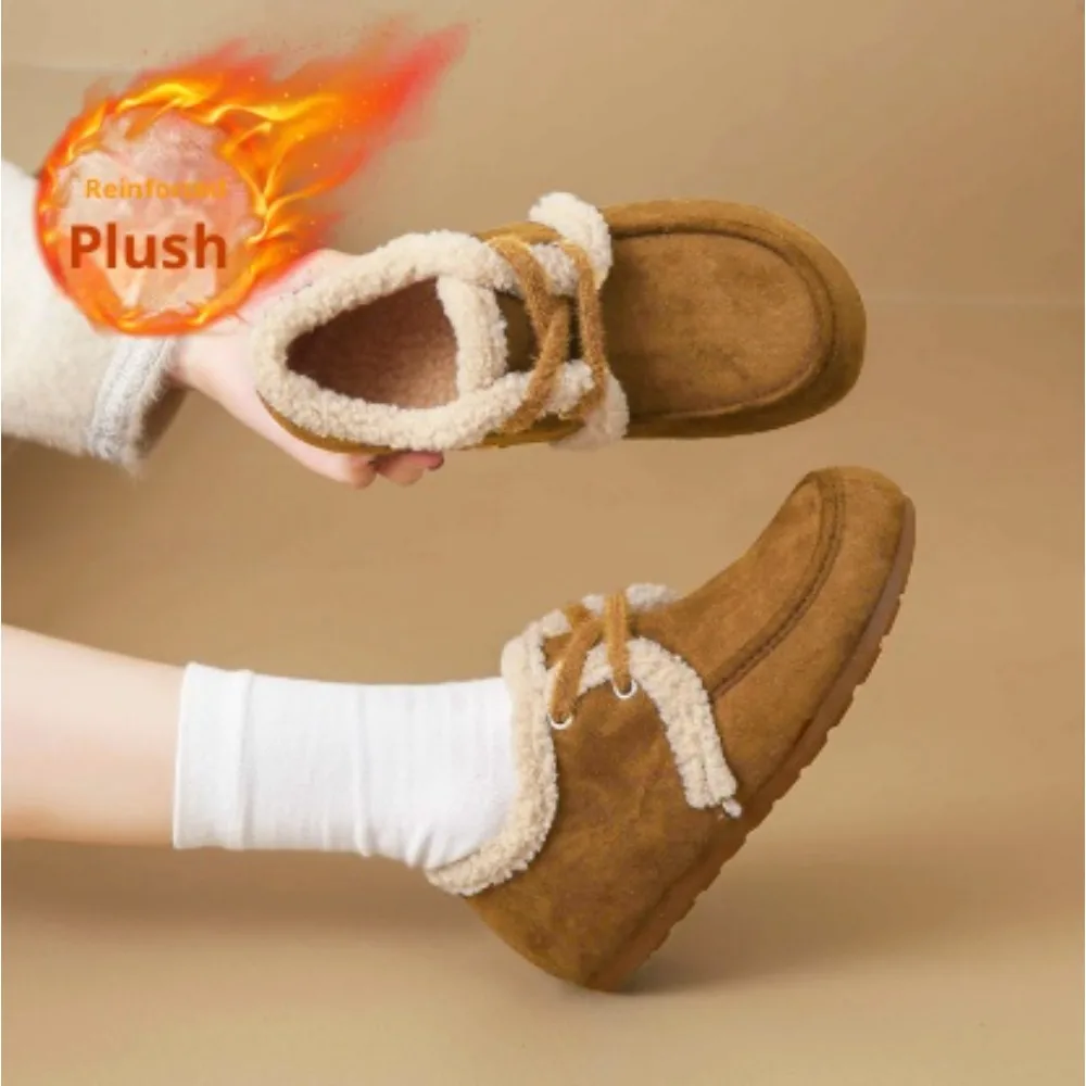 

Comemore, теплая хлопковая обувь с мягкой подкладкой и толстой подошвой для женщин, повседневная замшевая женская зимняя обувь на плоской подошве со шнуровкой, однотонные лоферы с плюшевым мехом