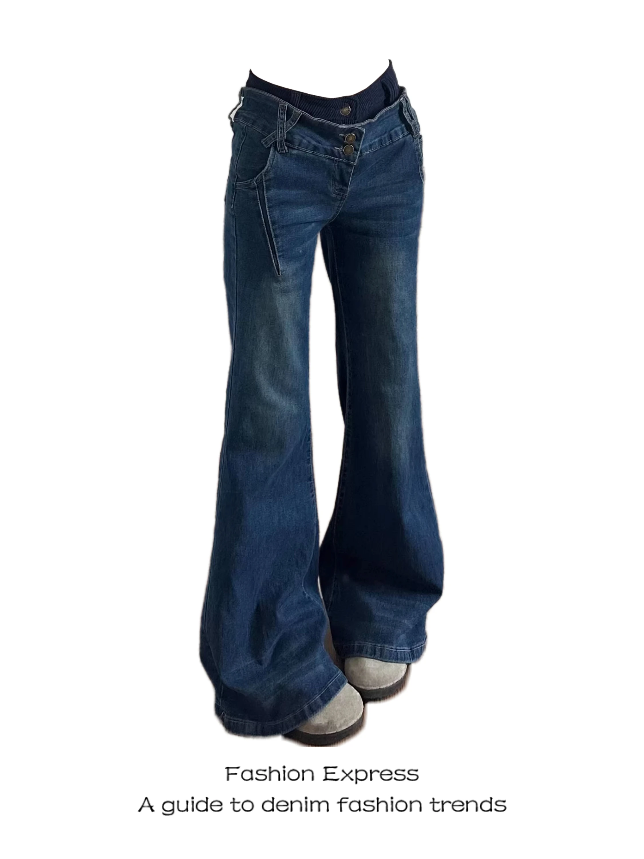 

Deep Blue Denim Jeans Women's Vintage Unique Design Splicing Sexy Girl Weathered Wa Slimming Micro Flared Pants Casual High...