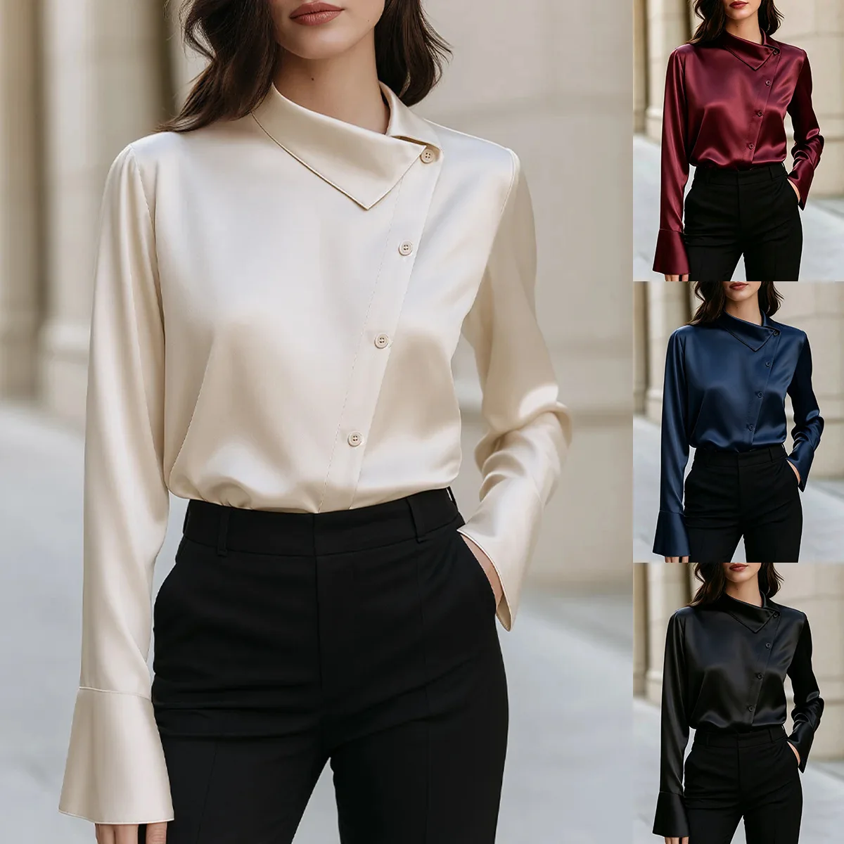 Satine Asymmetrical Lapel. Shirt Lady Cloth Workplace Formal Top For Women. Summer Long Dress Clothes Sexy Robe Y2k、