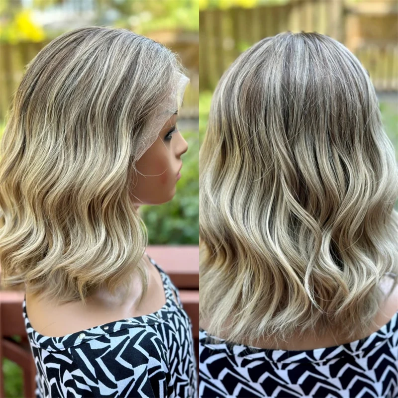 

Short Wave Bob Lace Front Wig Synthetic Blend Human Hair Wigs Ash Blonde Mixed Ashy Lace Wigs for Women Party Cosplay Daily Wigs