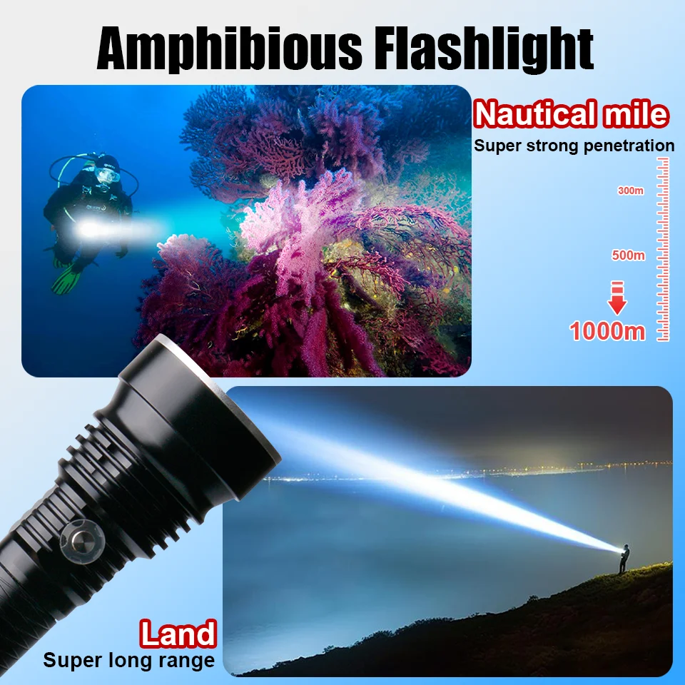 XHP390 الترا قوية قابلة للشحن Led الغوص مصباح يدوي طويل النار ضوء قوي تحت الماء فانوس كبير اليد الشعلة 18650/26650 الغوص المهنية مصباح يدوي ، مصباح الصيد الليلي ، الغوص 1000 متر