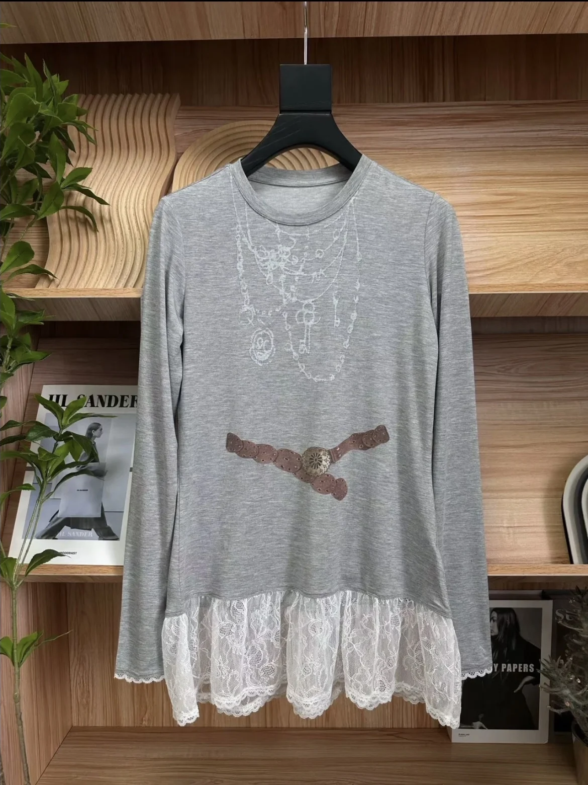 

Lace Splice Print Belted Loose Long Sve T-irt Casual Sle Polyester Fiber round Neline Autumn Winter Heidd