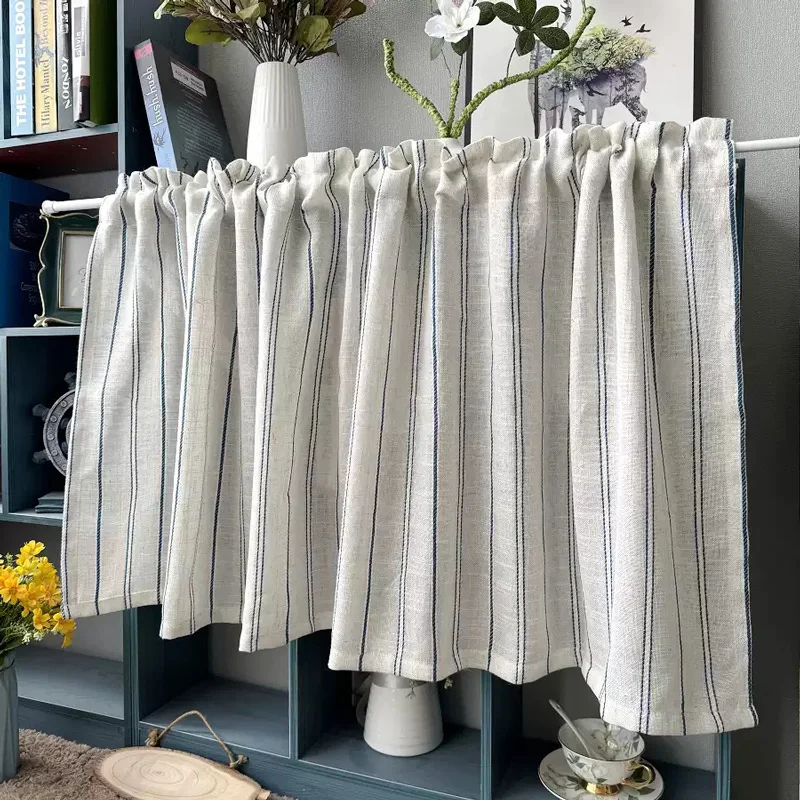 

Linen Blend Textured Curtain with Tassel Light Filtering Farmhouse Rustic Striped Kitchen Curtain Drapes for Living Room Bedroom