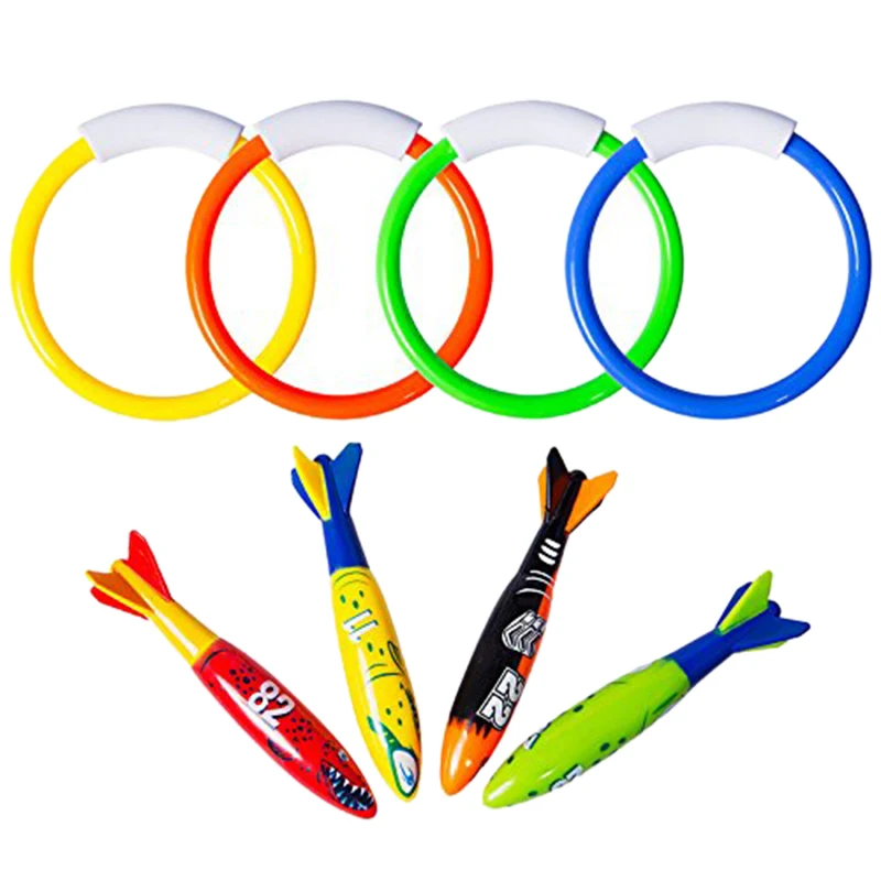 

8 Pcs Underwater Swimming Pool Diving Rings, Diving Throw Torpedo Bandits Toys For Kids Gift Set. Training Dive Toys For