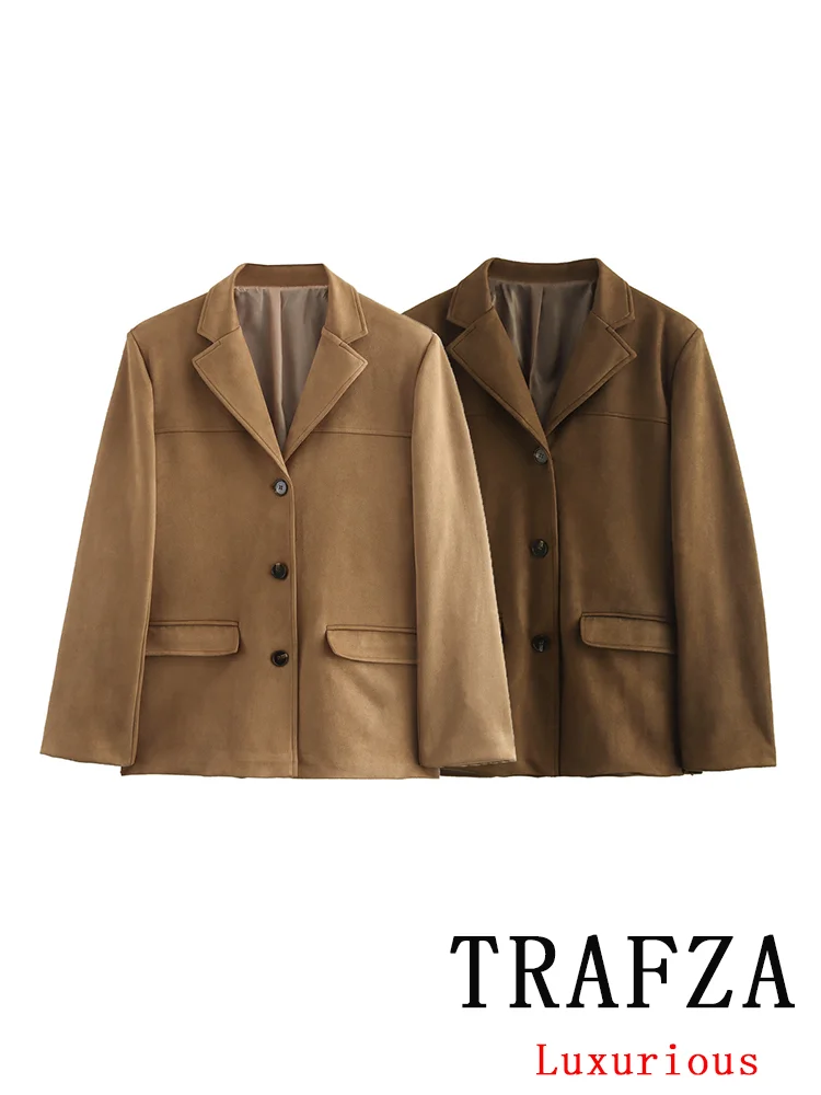 TRAFZA Vintage Casual Women Blazer Solid Single Breasted Long Sleeve Pockets Blazer New Fashion 2024 Autumn Office Lady Blazers