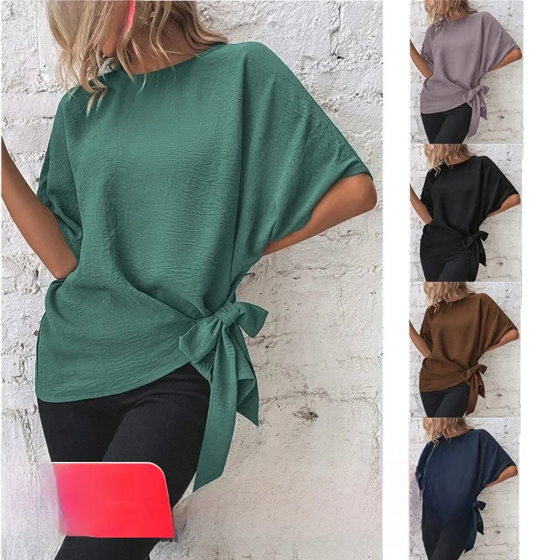 

Женская свободная футболка с рукавами «летучая мышь», однотонная, летняя, новая модель, с узлом на подоле, из шелкового материала, модный повседневный топ для женщин