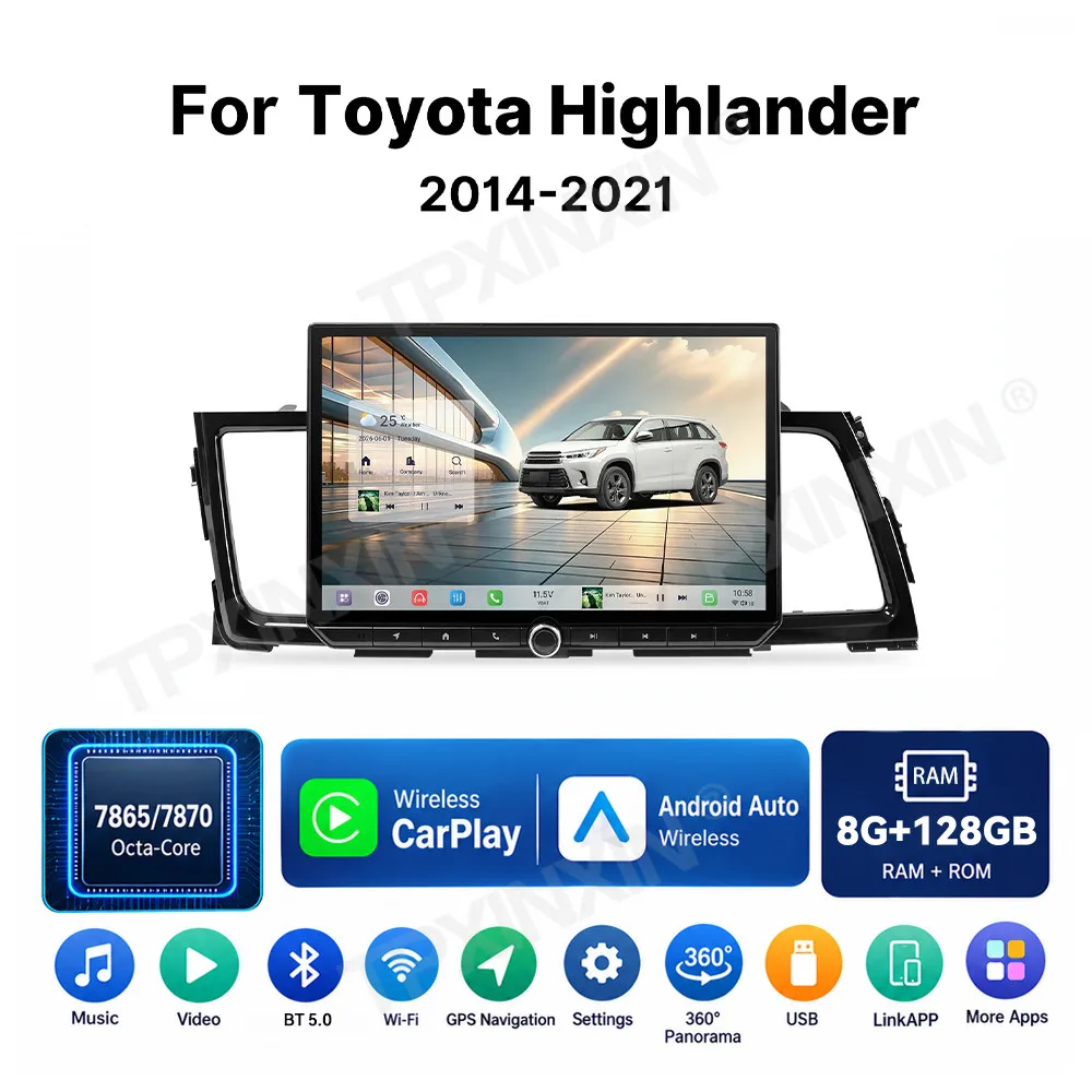 13“ Touch Screen Android15 Car Stereo For Toyota Highlander 2014-2021 Car Accessories Wireless CarPlay BT5 4G SIM LTE