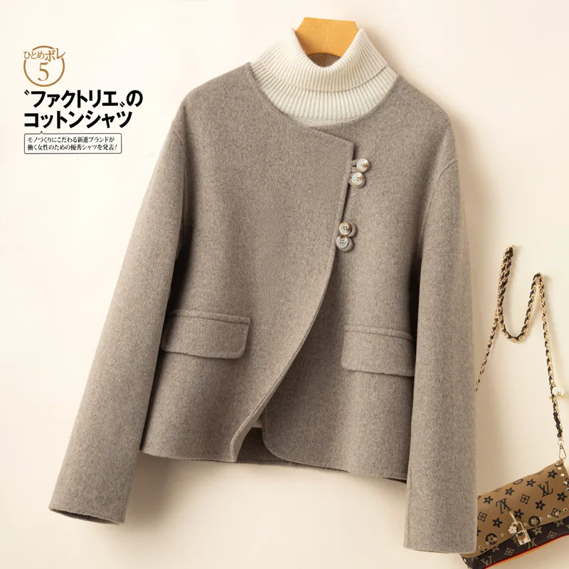 24 Autumn and Winter New Dropshipping Wool Reversible Woolen Coat round Neck Diagonal Design Women's S