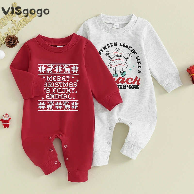 

VISgogo Baby Girls Christmas Casual Romper Long Sleeve Crewneck Letter Tree/Letter Elk Snowflake Print Jumpsuit Xmas Clothes