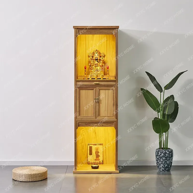 old elm two-layer buddha niche with door, modern for home guanyin god of wealth standing cabinet altar cabinet