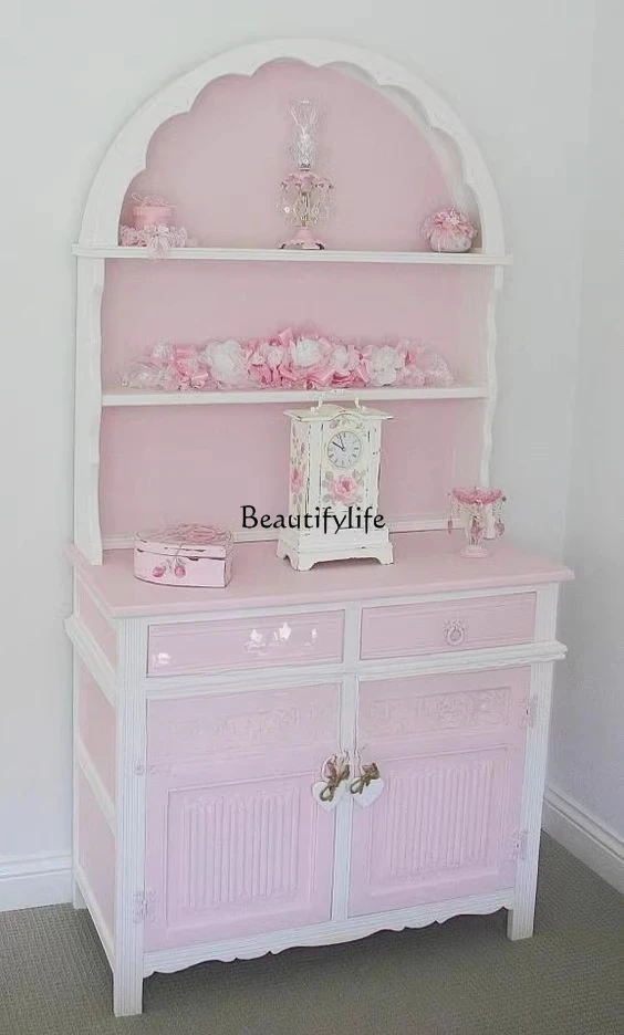

French Carved Solid Wood Bookcase Sideboard Entryway American Country Pink Arched Storage Cabinet