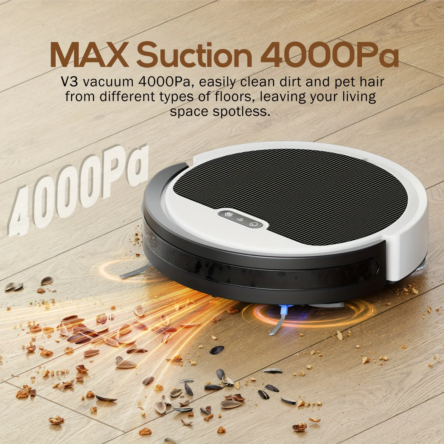 Robot aspirateur et serpillière combinés, avec aspiration de 4000 Pa, commande à distance/application/voix, nettoyage programmé et recharge automatique, idéal pour les sols durs, les tapis et les poils d'animaux.