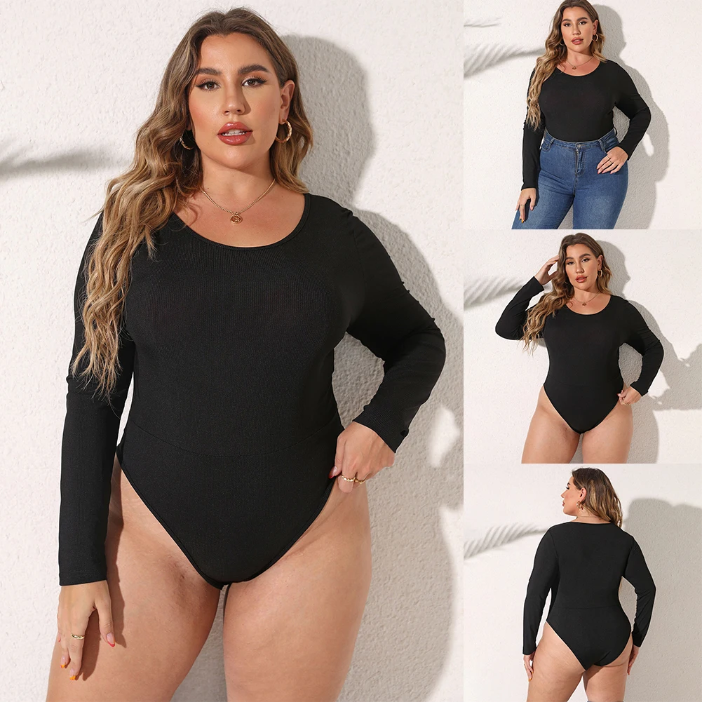 Kobiece body Plus Size damskie na co dzień z długim rękawem Bodycon body z dekoltem w kolorze czarnym dzianina żebrowana