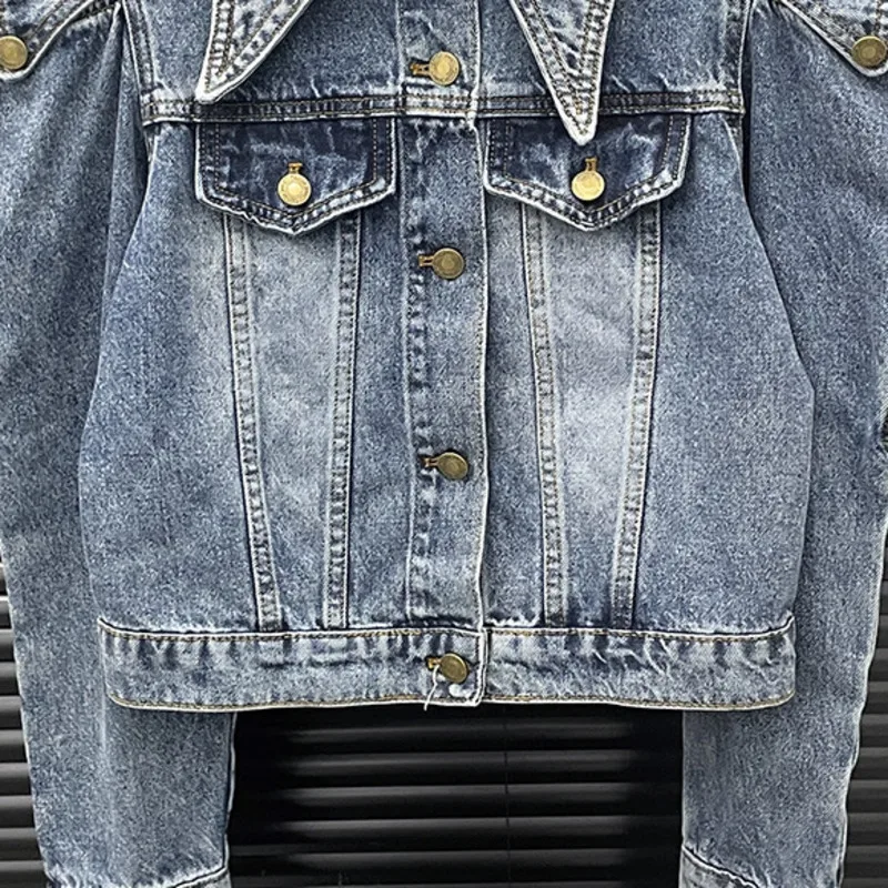ANJY Autumn New Women Short Denim Jacket Hollow Out Long Sleeve Turn-down Collar Single Breasted High Street Stylish Coat A10362